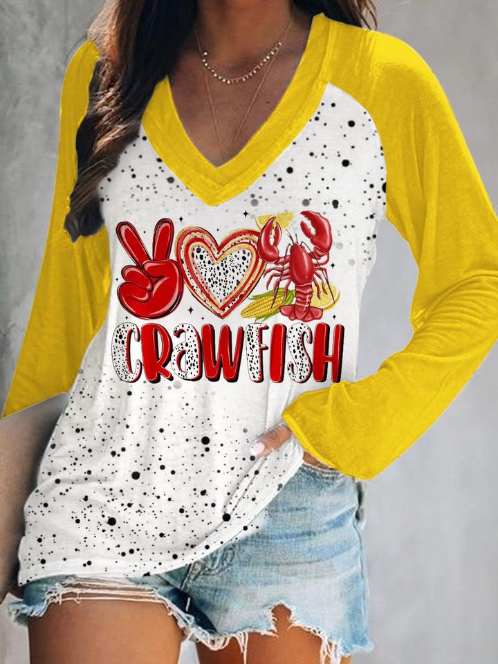 Peace Love Crawfish Print V-Neck Long Sleeve Top