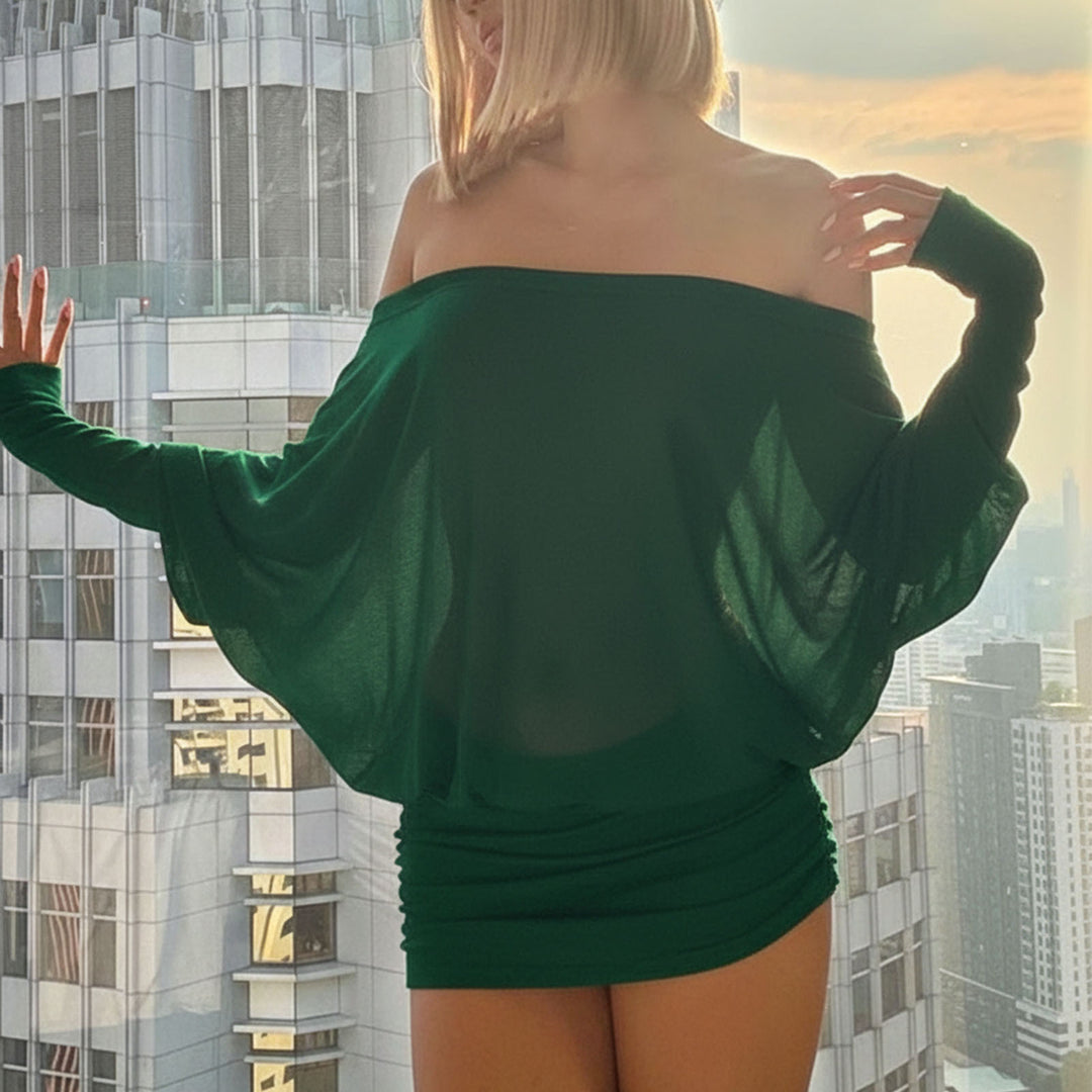 Long Sleeve Off The Shoulder Dress Batwing Sleeve Ruched Oversized Sheer Dress Sexy Streetwear for Travel kindness