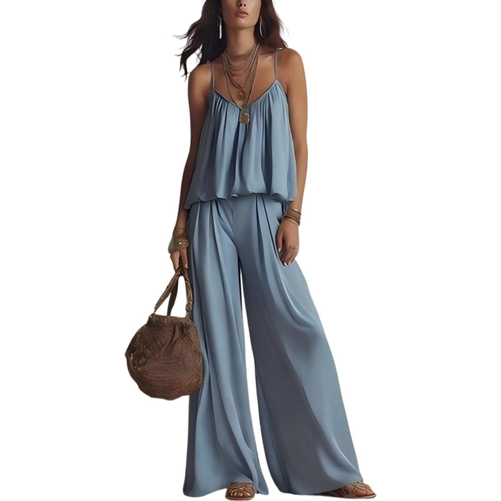 Womens Two Piece Sets Summer Spaghetti Strap Solid Color Bustier Wide Leg Pant Going Out Clothes for Party heathly