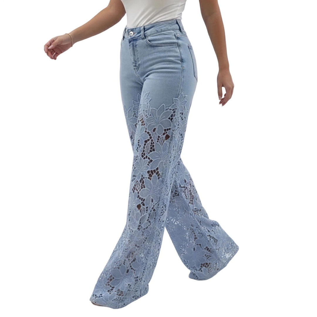 Lace Jeans for Women Hollow Lace Spliced High Waisted Fashion Jeans Loose Fit Denim Pants for Daily Wear exceptional