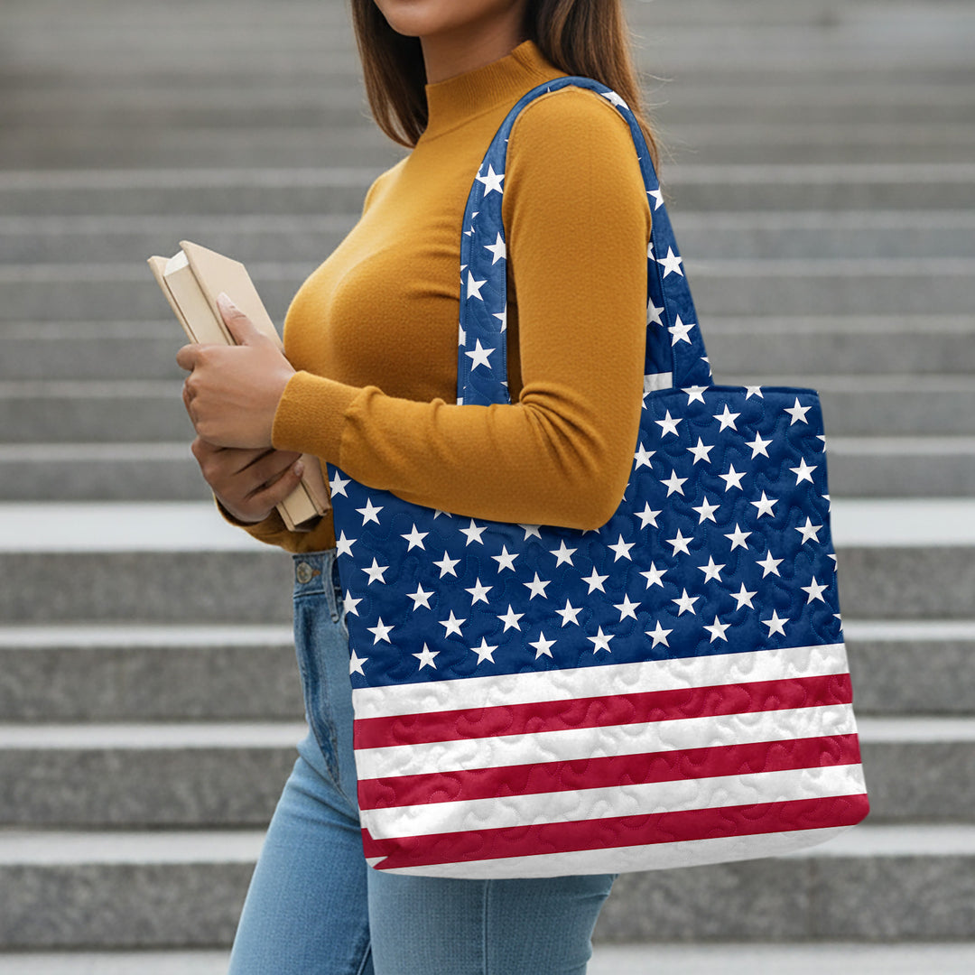 Quilted Tote Bag for Women American Flag Patriotic Handbags with Handles Travel Casual Purse for Vacation practical