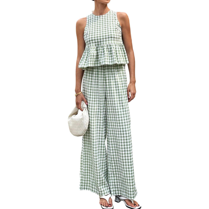 Womens Gingham Set Ruffle Plaid Peplum Tops and Pants Summer Vacation Going Out Sets for Daily Wear Beach admired
