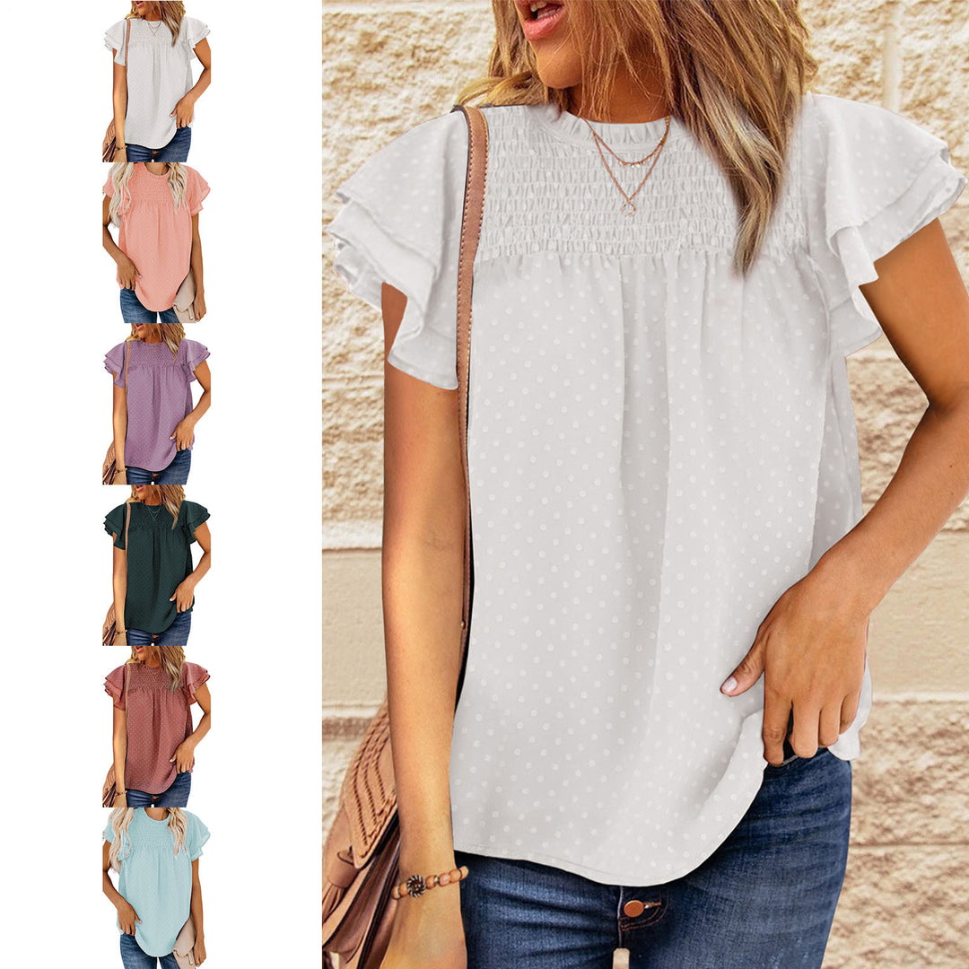 Womens Ruffle Short Sleeve Blouse Dot Smocked Crewneck Summer Flowy Chiffon Shirts Pullover Tops for Travel expedient
