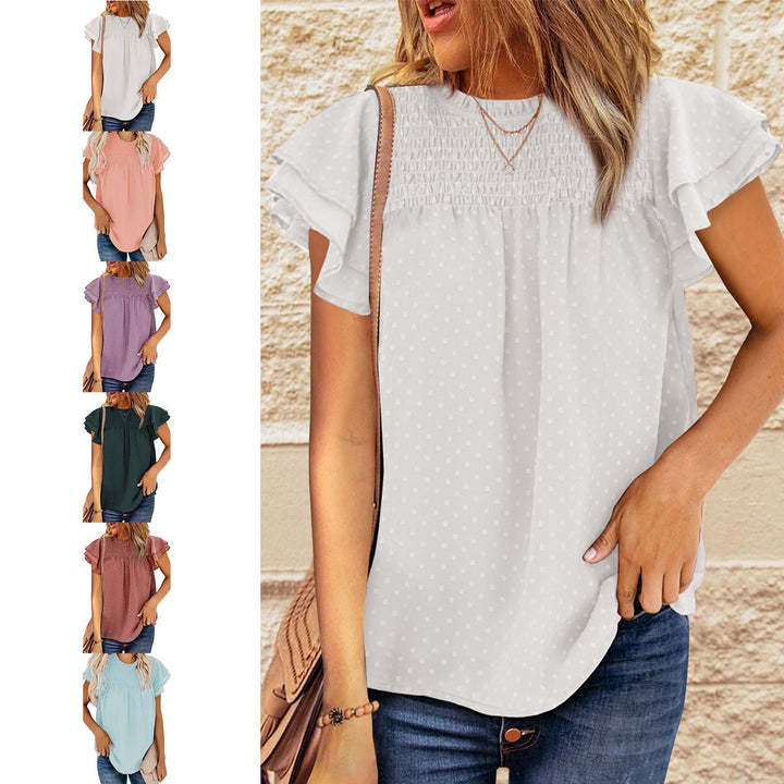 Womens Ruffle Short Sleeve Blouse Dot Smocked Crewneck Summer Flowy Chiffon Shirts Pullover Tops for Travel expedient