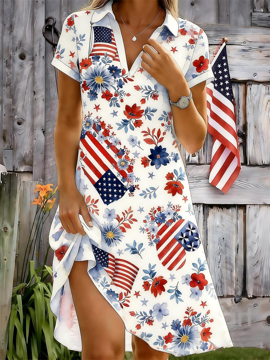 Independence American Flag Floral Women's Short Sleeve Shirt Collar Dress