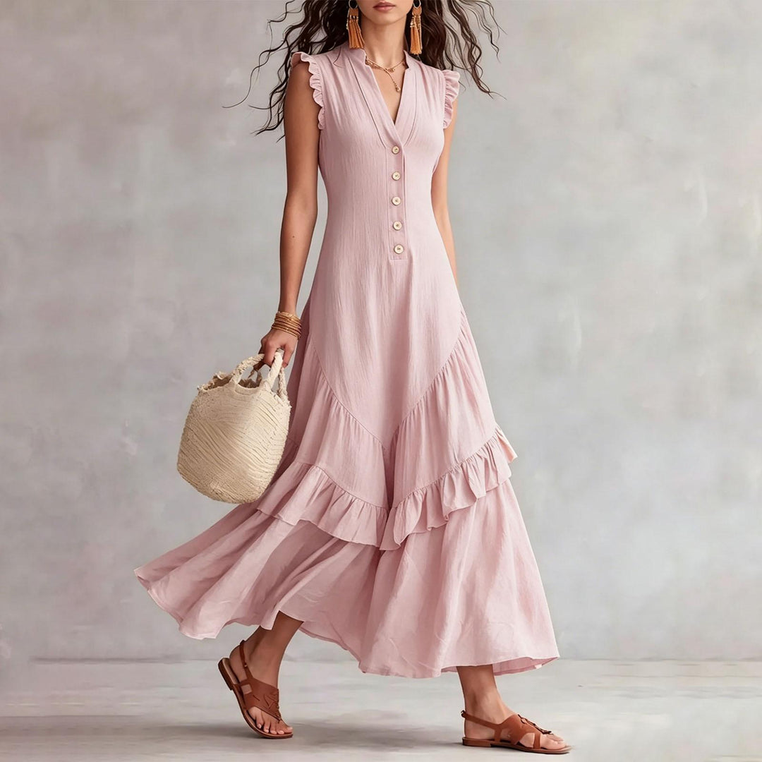 Ruffle Dress Long V Neck Button Flowy Cap Sleeve Summer Maxi Dresses Casual Beach Clothes for Beach Vacation serviceable
