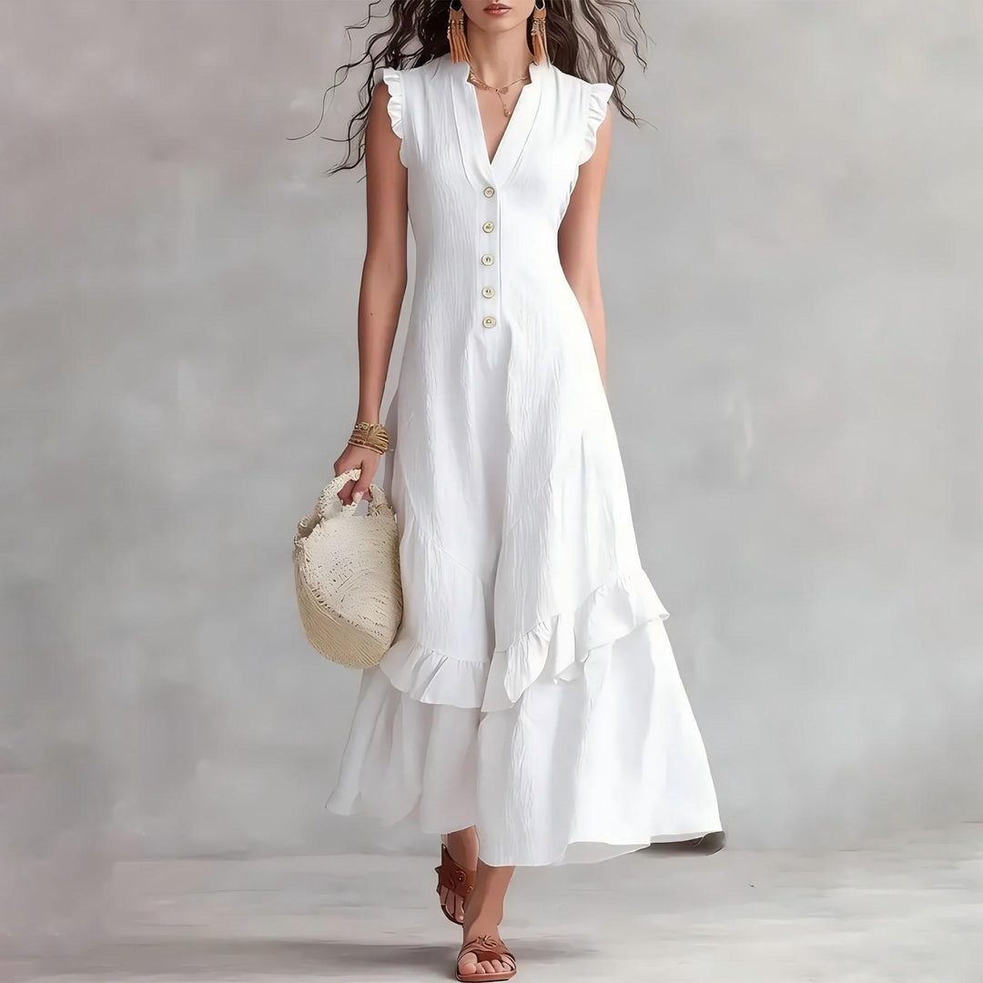 Ruffle Dress Long V Neck Button Flowy Cap Sleeve Summer Maxi Dresses Casual Beach Clothes for Beach Vacation serviceable