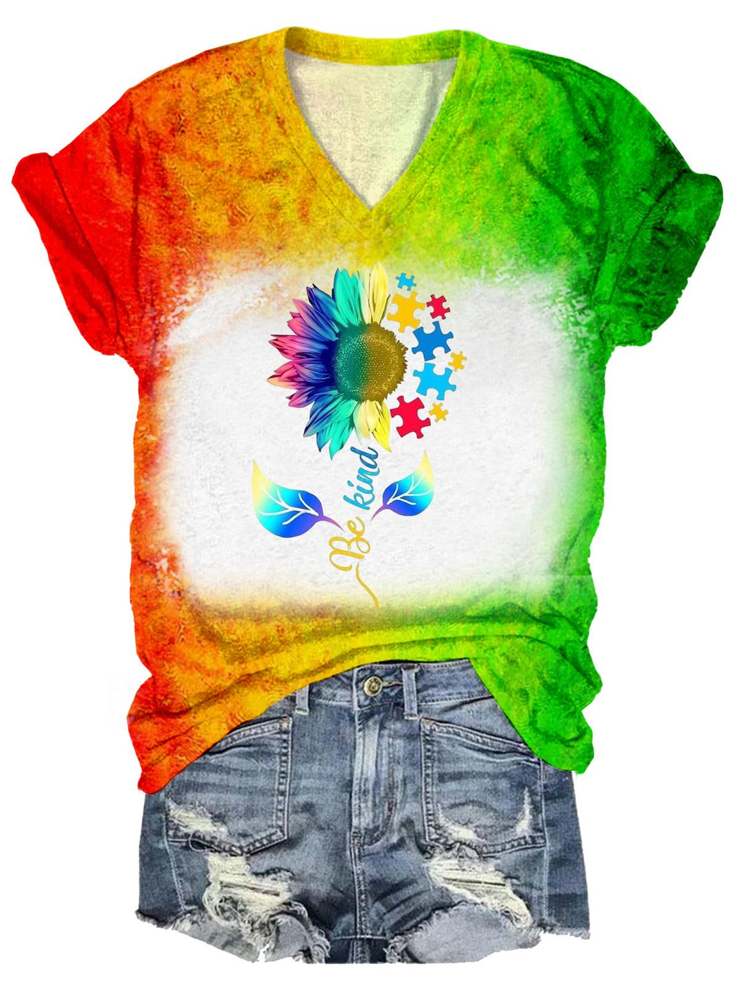 Women Autism Awareness Sunflower Puzzle Short Sleeve V-neck T-shirt