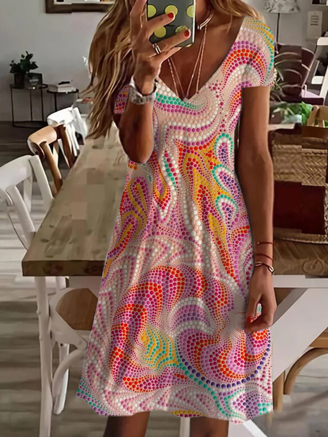 Pink Abstract Art Print V Neck Short Sleeve Dress