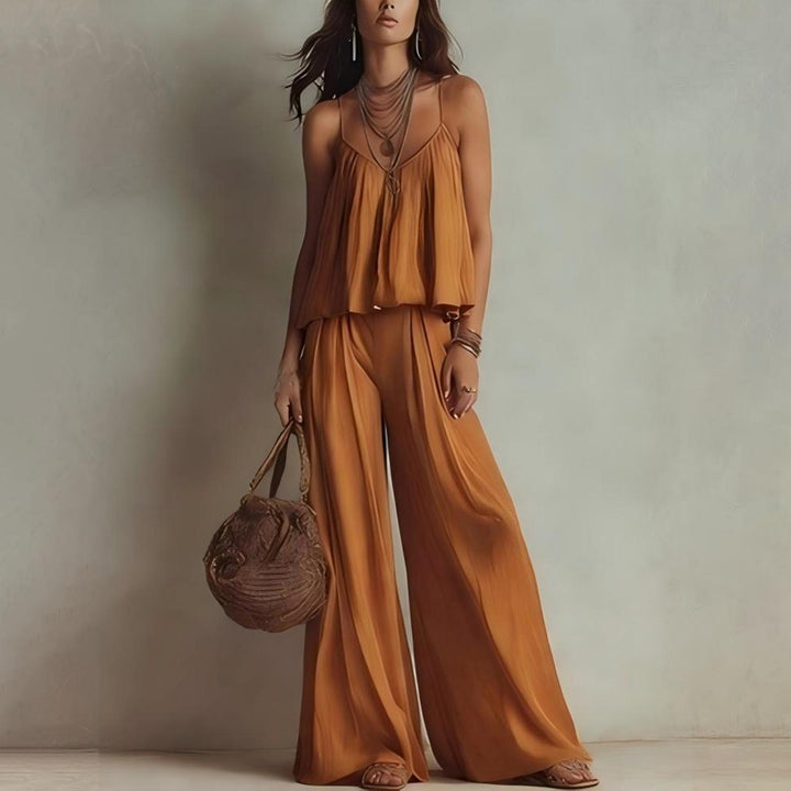 Womens Two Piece Sets Summer Spaghetti Strap Solid Color Bustier Wide Leg Pant Going Out Clothes for Party heathly