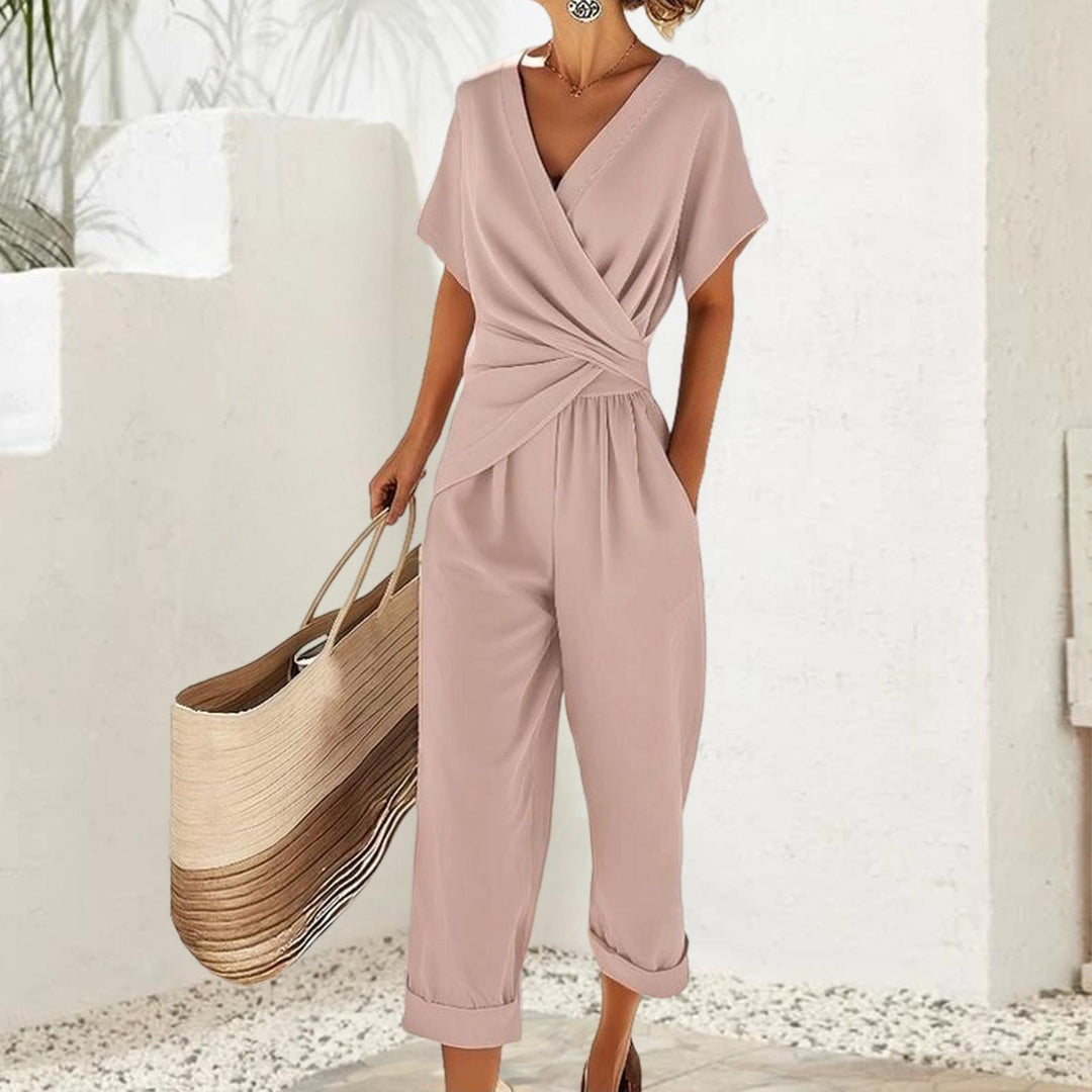 2 Piece Summer Sets for Women Wrap V Neck Side Twist Short Sleeve Solid Top Lounge Pants Outfits for Travel efficient