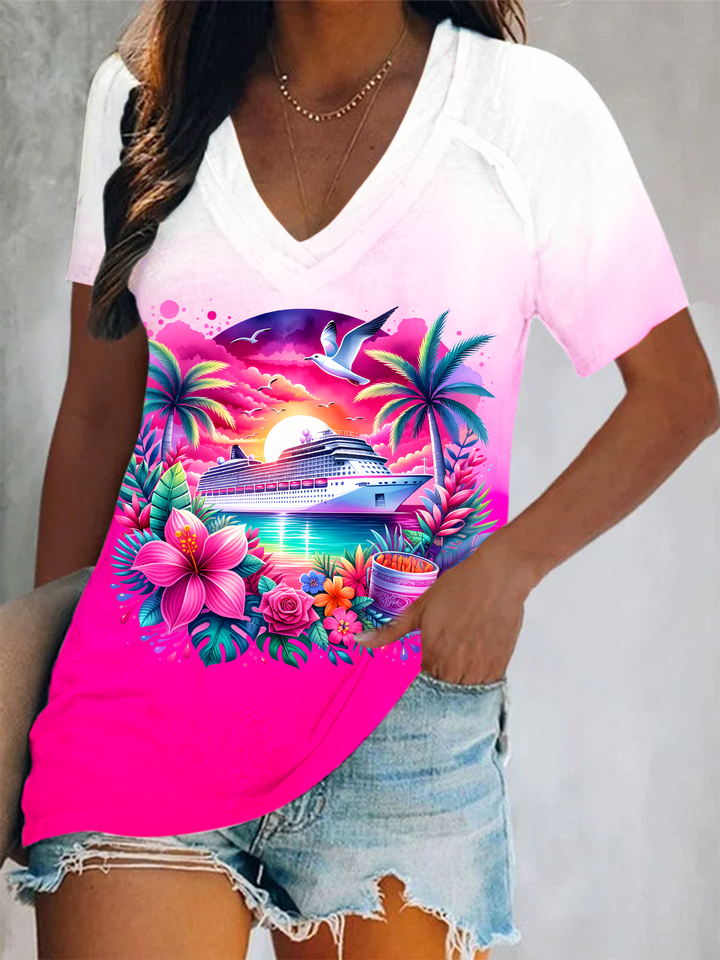 Pink Cruise Ship Short Sleeve V Neck Print Top