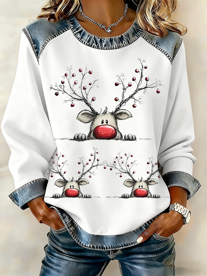 Women's Christmas Elk Raglan Spliced Crew Neck Sweatshirt