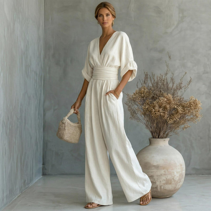 Womens Jumpsuits Casual Dressy V Neck Wide Leg Flowy Short Sleeve Casual Cinched Waist Overalls Daily Wear best service