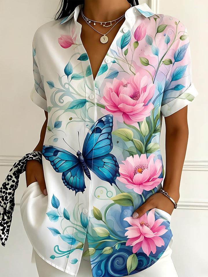 Blue Butterfly Watercolor Floral Women's Short Sleeve Shirts