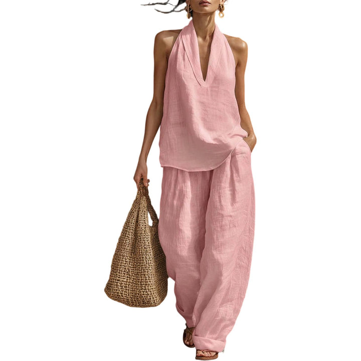 Summer Outfits for Women 2 Piece Set Deep V Neck Sleeveless Loose Fit Halter Top and Wide Leg Pants for Beach classical
