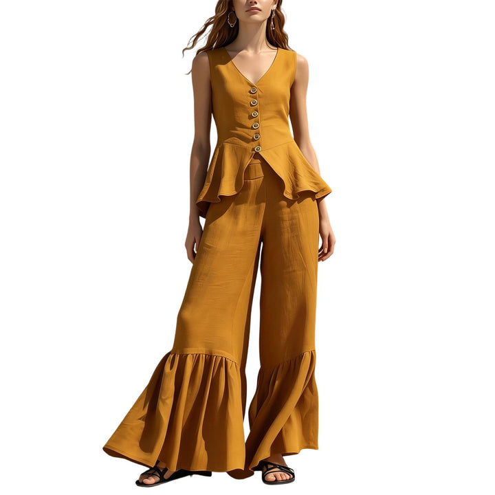 Women Two Piece Outfits Sets V Neck Sleeveless Peplum Top and Ruffle Flare Leg Pants Set for Dating Travel astonishing