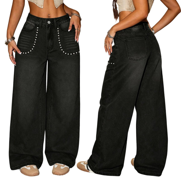 Wide Leg Womens Jeans Low Rise Wide Legs Denim Pants Loose Studded Jean with Pocket for Vacation Going Out cosy