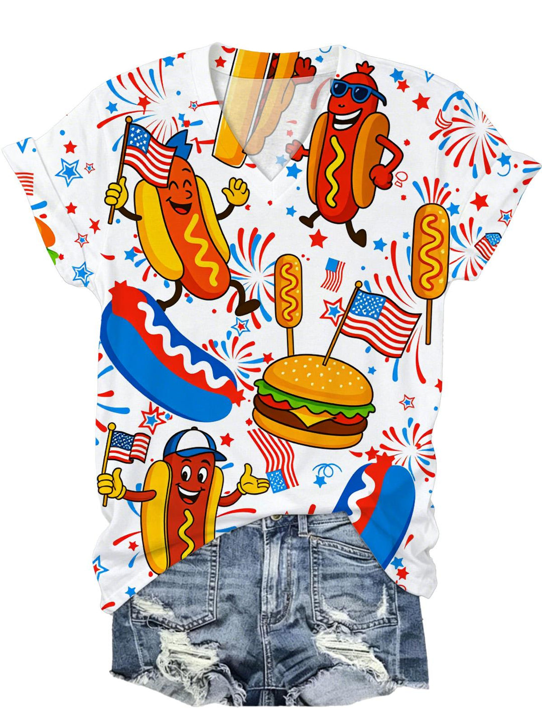 Independence Day American Flag Funny Hot Dog Hamburger Print Women's Short Sleeve V Neck T-Shirt