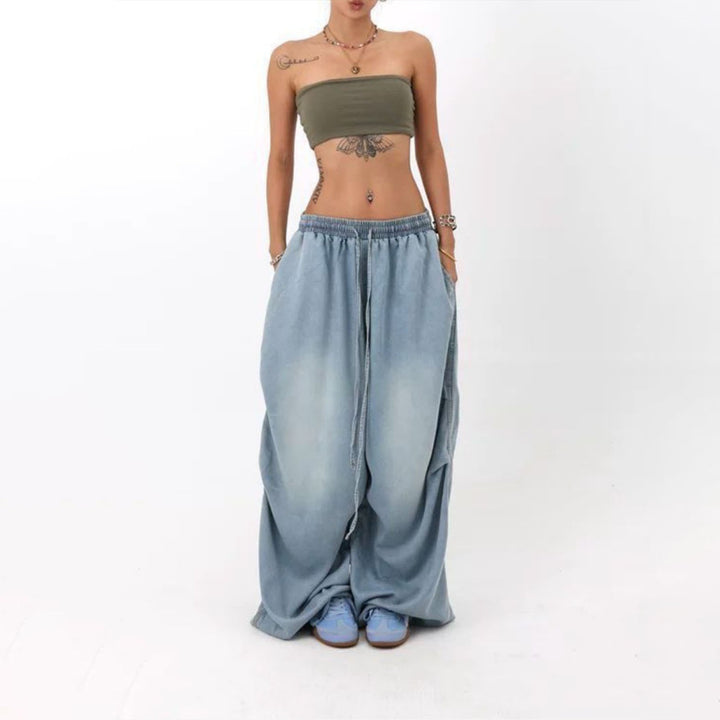 Womens Elastic Waist Jeans Low Rise Vintage Baggy Barrel Jeans Streetwear Loose Fit Denim Pants for Travel candid