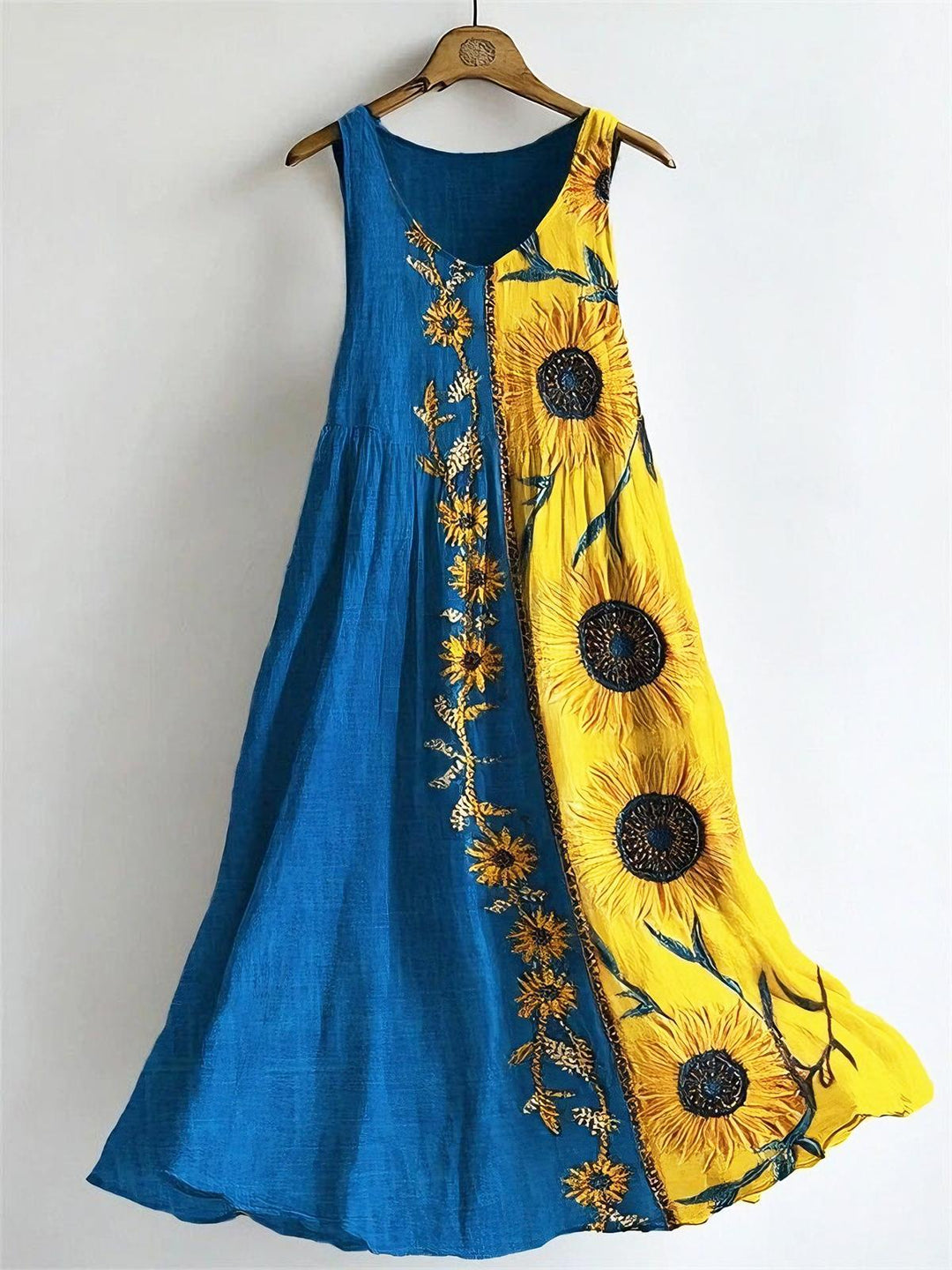 Blue And Yellow Sunflower Art V-neck Bamboo Linen Sleeveless Dress