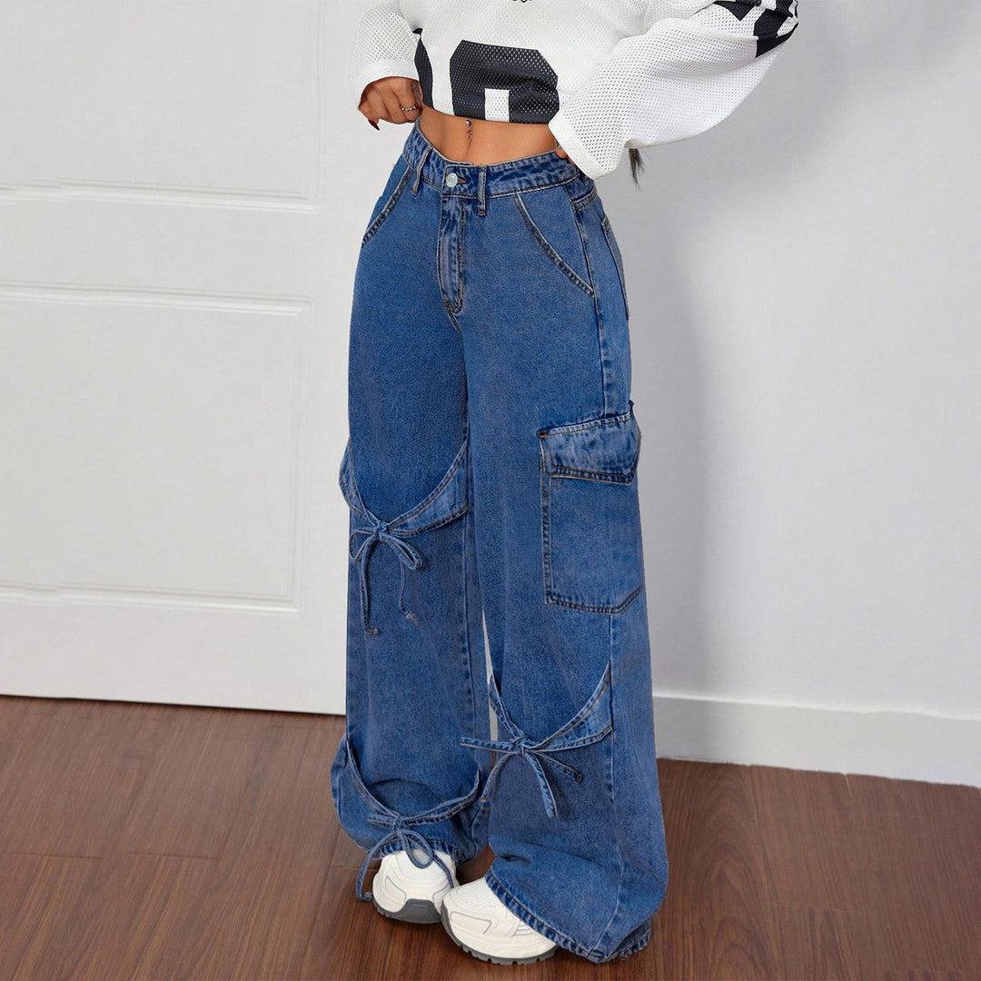 Women's Baggy Jeans Bow Tie Boyfriends Straight Leg Loose Trendy Mid Rise Denim Pants for Travel Daily Wear amiable