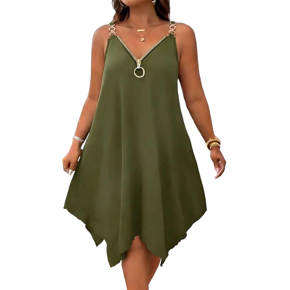Sleeveless Summer Dress Front Zipper Summer V Neck Beach Dresses Sleeveless Loose Sundresses for Daily Wear ordinary