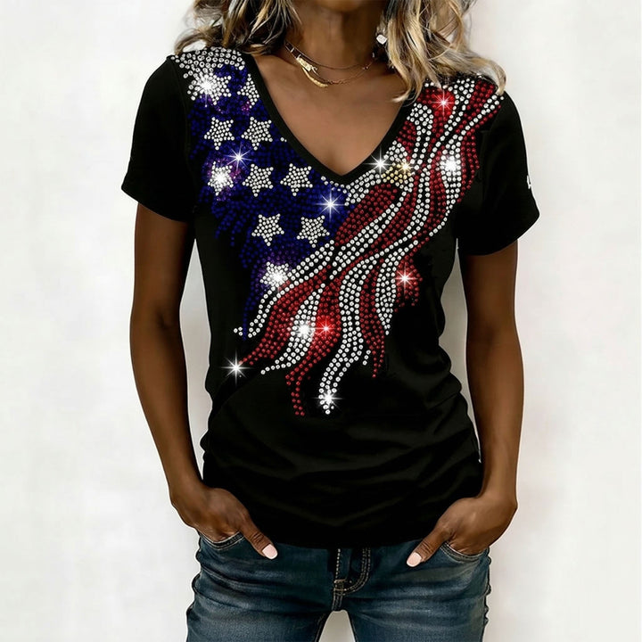 July 4th Shirts for Women Rhinestone V Neck 4th of July T Shirts 250th Birthday Patriotic Flag Tees for Daily well-liked