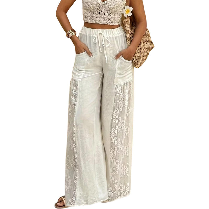 Women's Floral Lace Sheer Mesh Pants High Waisted Loose Fit Drawstring Elastic Waist Toursers for Vacation responsible