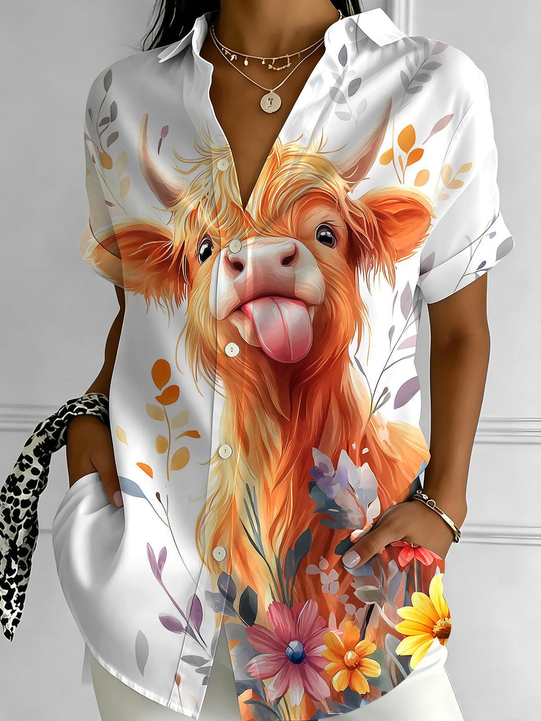 Cow Floral Women's Short Sleeve Shirts