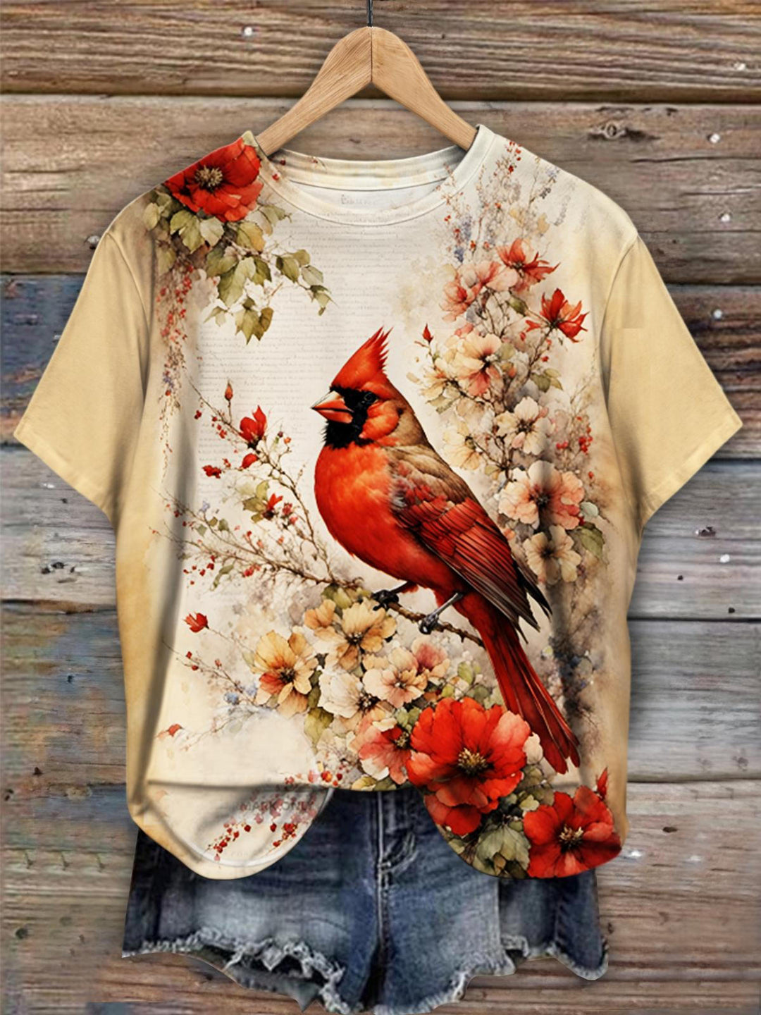 Women's Floral Red Bird Print Casual Top