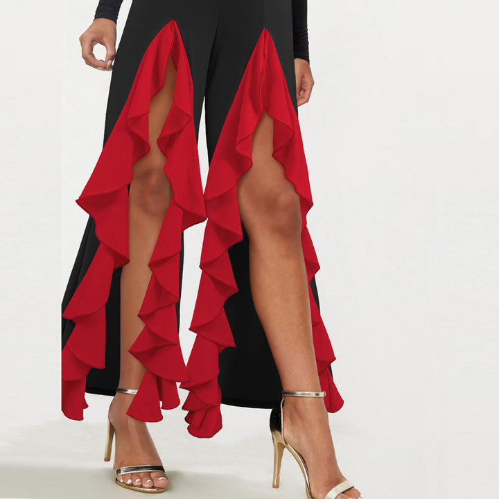 Womens Ruffle Pants Front Slit Flowy Loose Fit Wide Leg Trousers Elastic High Waist Lounge Pants for Dating improved