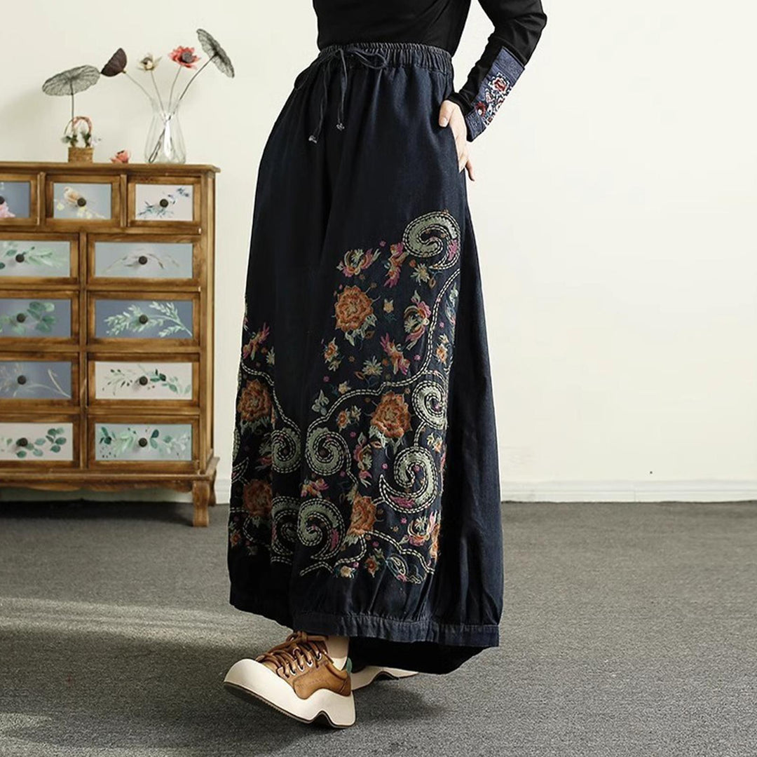 Womens Embroidered Jeans High Waisted Elastic Waist Denim Pants Baggy Trousers with Pockets for Travel Date fashionable
