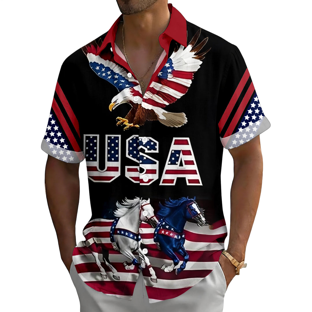 Flag Button Up Shirt Men Eagle Print Short Sleeve Button Down Patriotic Hawaiian Shirts for Parade Party amiable
