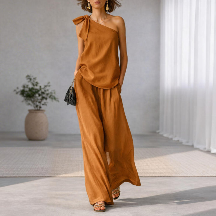 Summer Outfits for Women 2 Piece Set Off Shoulder Asymmetrical Neck Tank Tops Wide Leg Pants Set for Travel refined