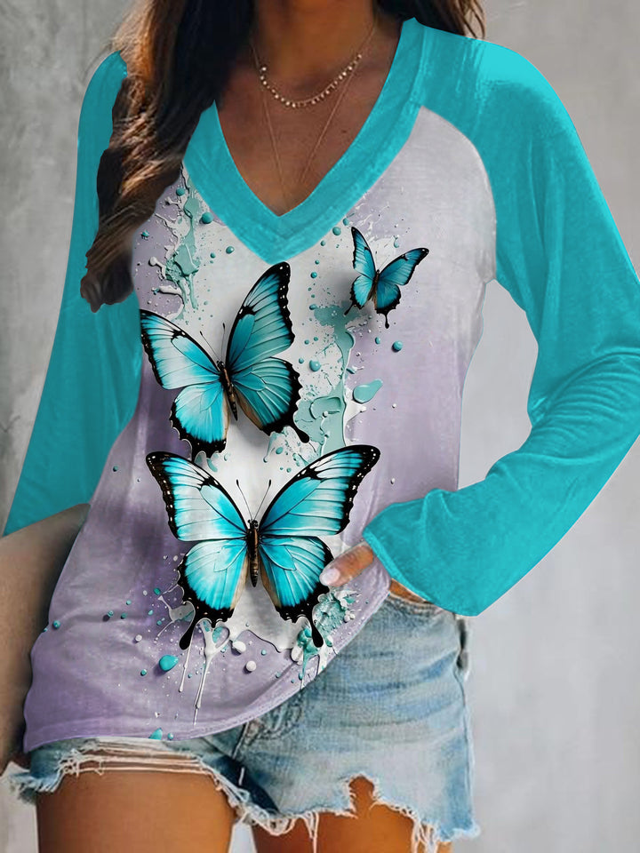 3D Butterfly Art Print V-Neck Long Sleeve Top