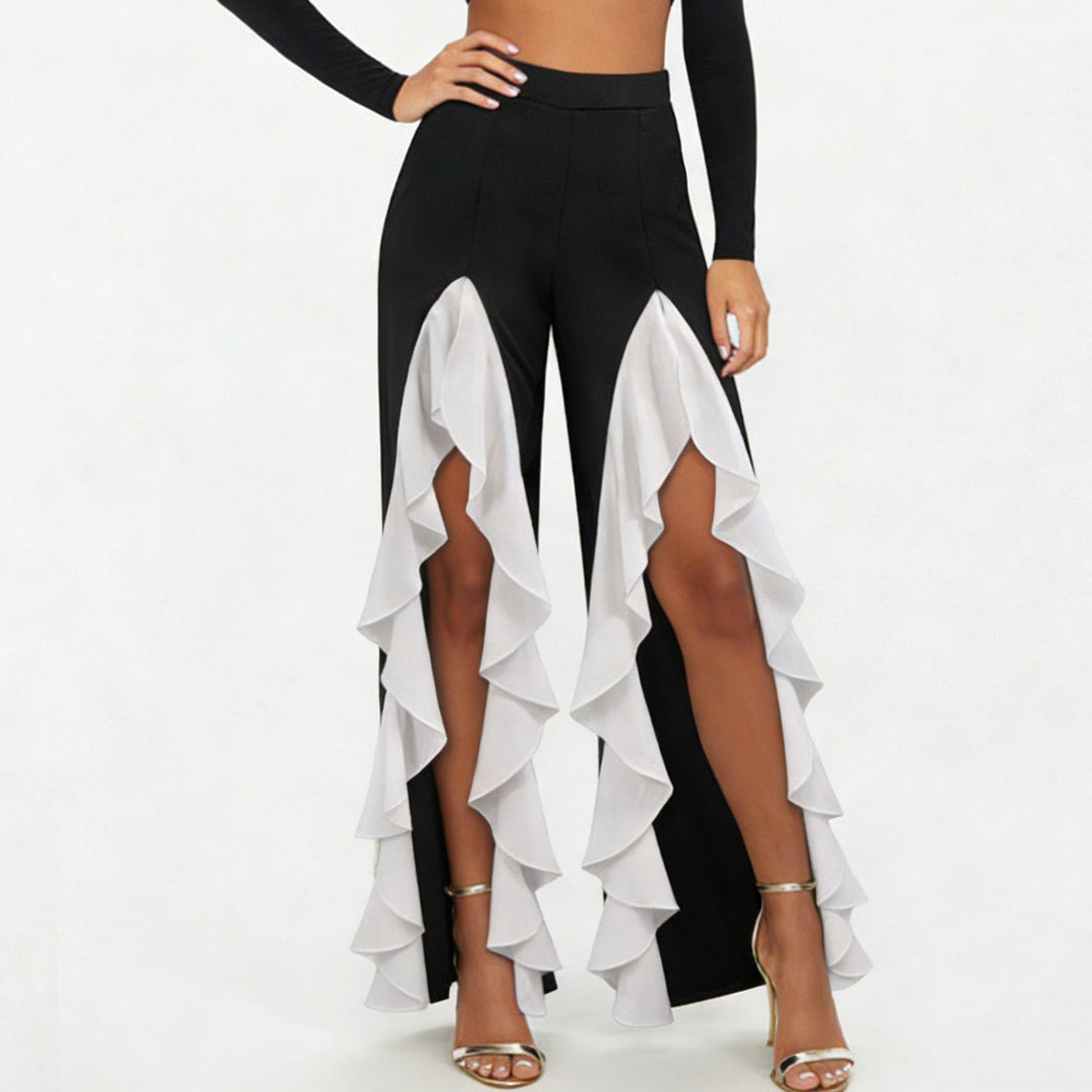 Womens Ruffle Pants Front Slit Flowy Loose Fit Wide Leg Trousers Elastic High Waist Lounge Pants for Dating improved