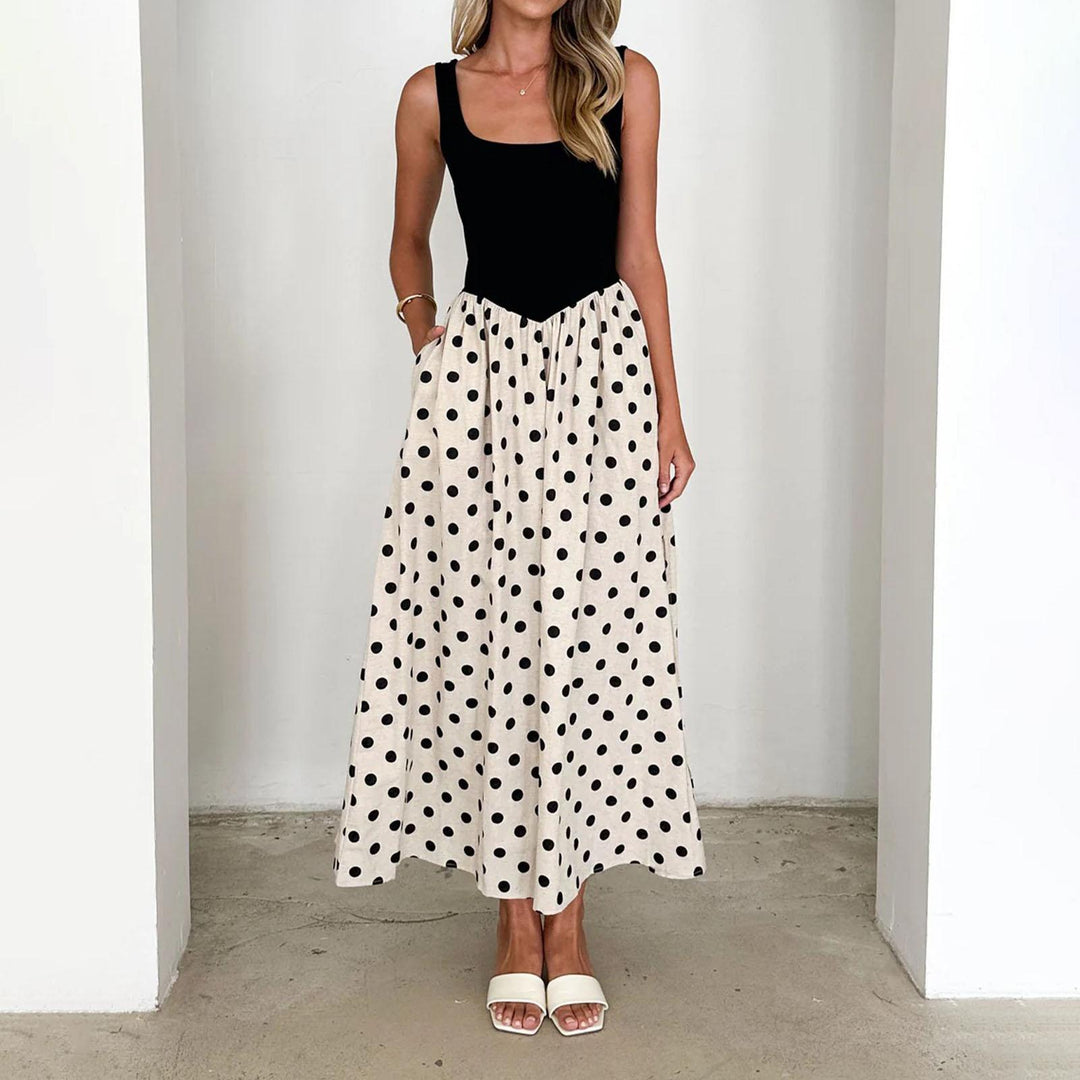 Sleeveless Maxi Dress for Women Dot Scoop Neck Summer Sleeveless Boho A Line Flowy Maxi Tank Dress for Travel everywhere