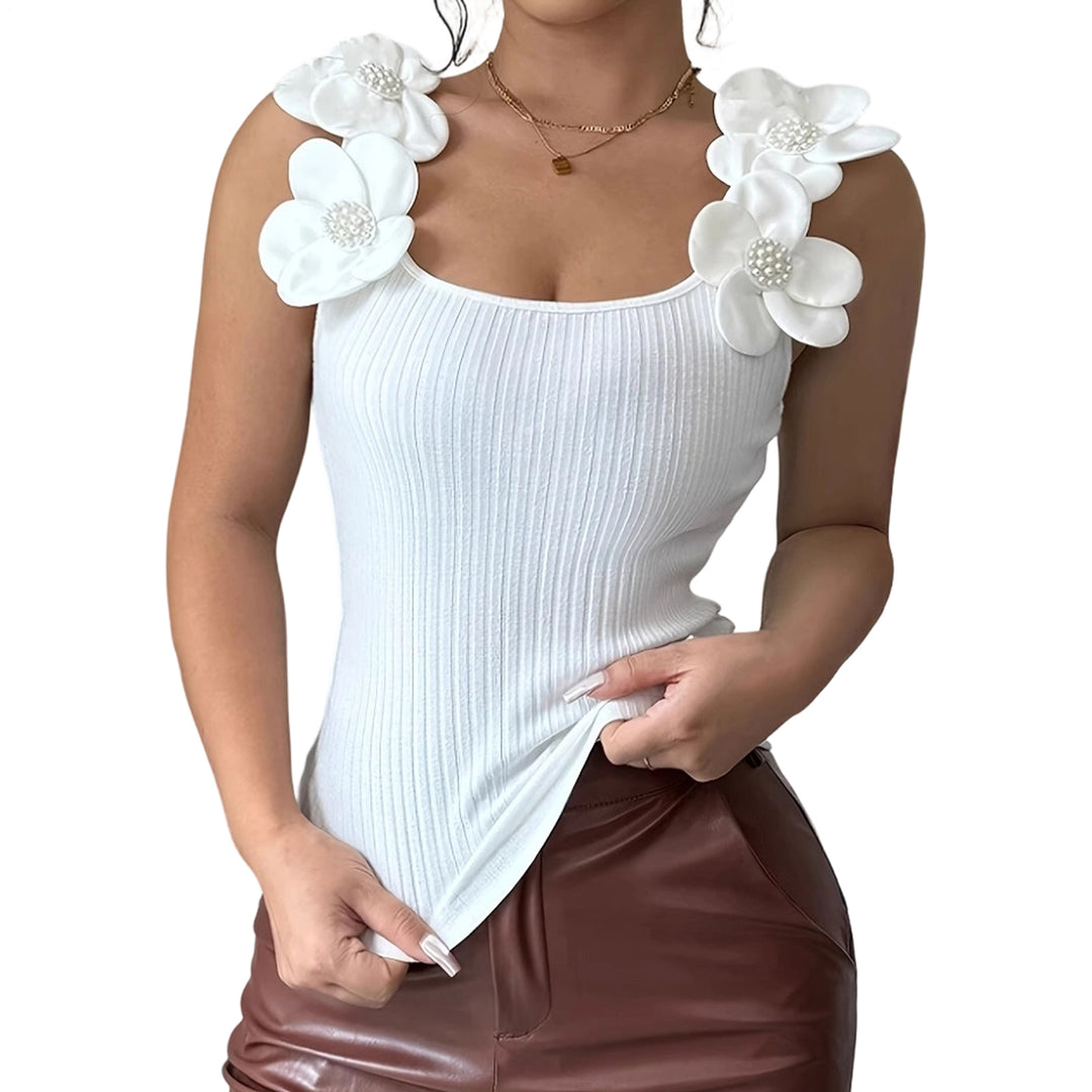 Womens Floral Tank Top Ribbed Knit Summer Sleeveless 3D Flower Top Slim Fit for Vacation Dating Holiday fine