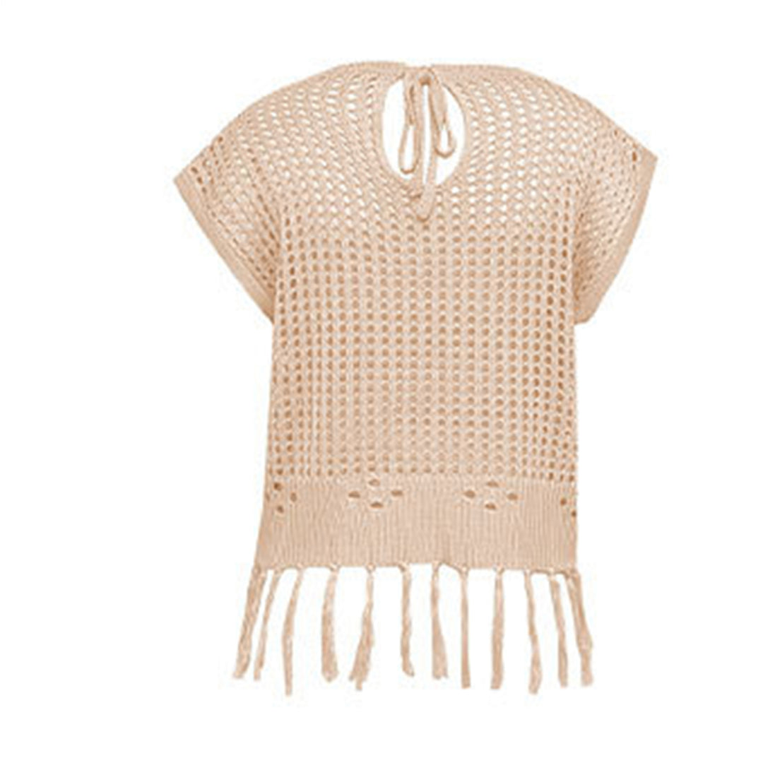 Crochet Tops for Women Tassel Hollow Out Summer Knit Top Crewneck Short Sleeve Pullover Cover Up for Travel usefulness