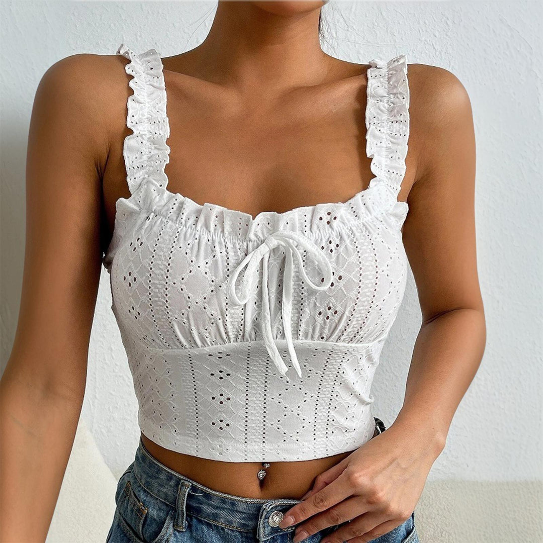 Eyelet Tank Tops for Women Ruffle Ruched Sleeveless Square Neck Tie Front Bust Crop Camisole Tops for Travel excellent