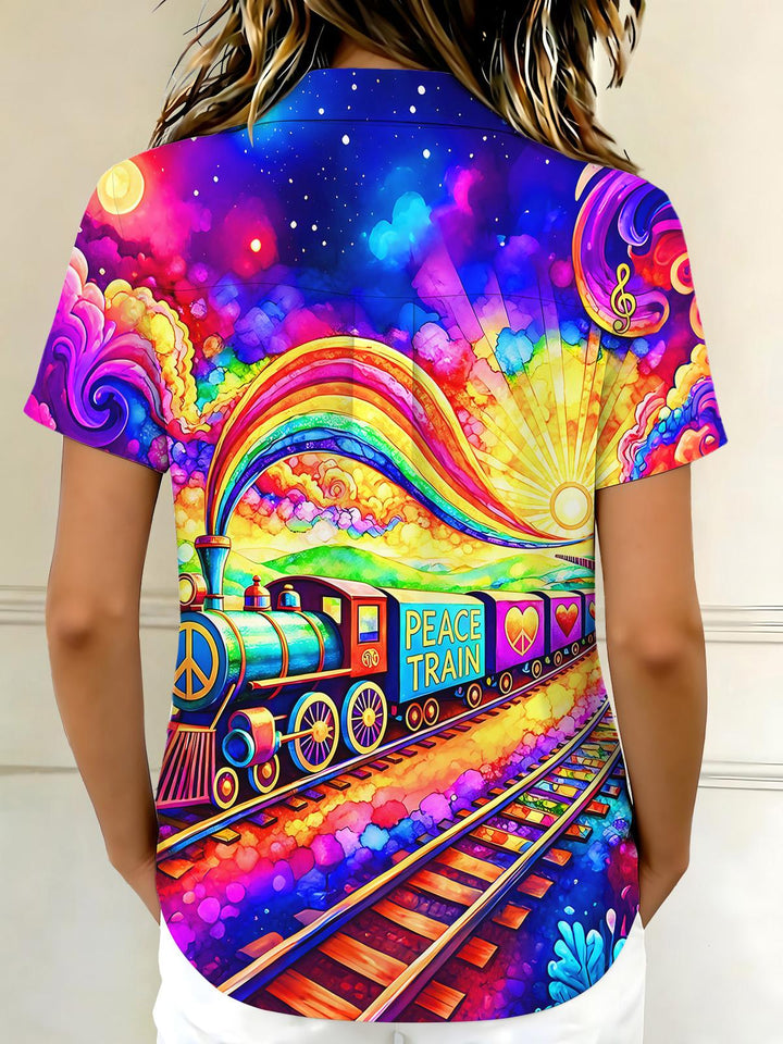 Hippie Peace Tie Dye Train Psychedelic Women's Short Sleeve Shirts