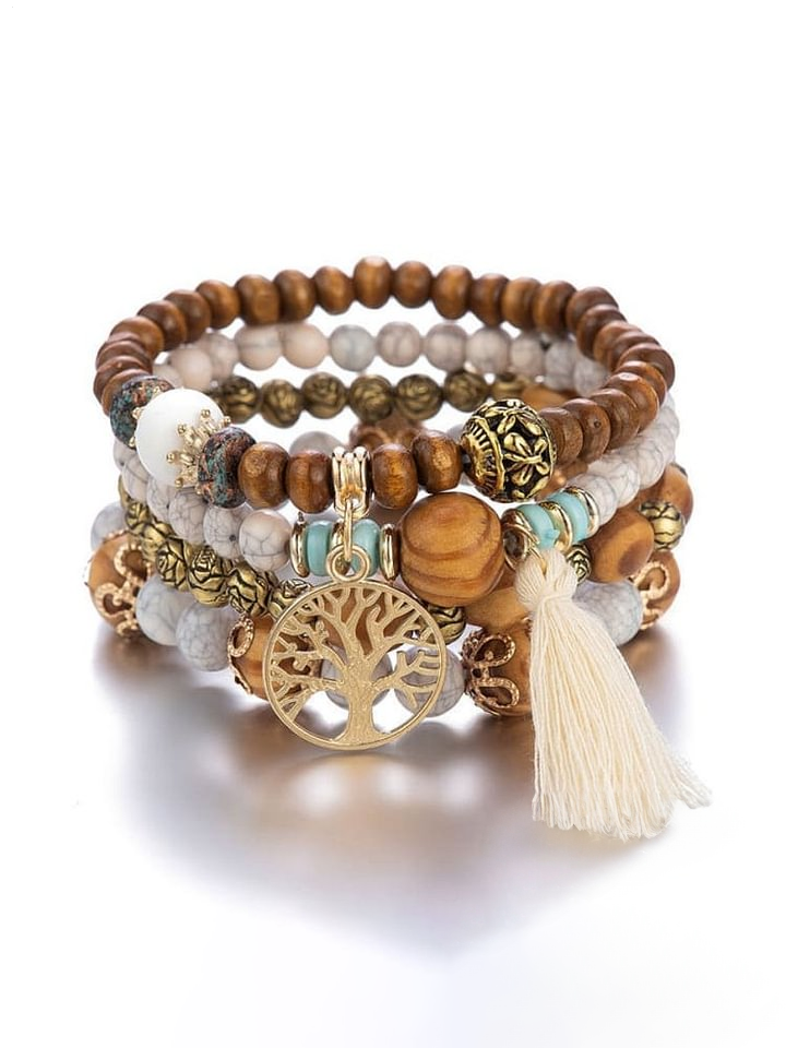 Bohemian Ethnic Style Tassel Tree of Life Bead Stretch Bracelet