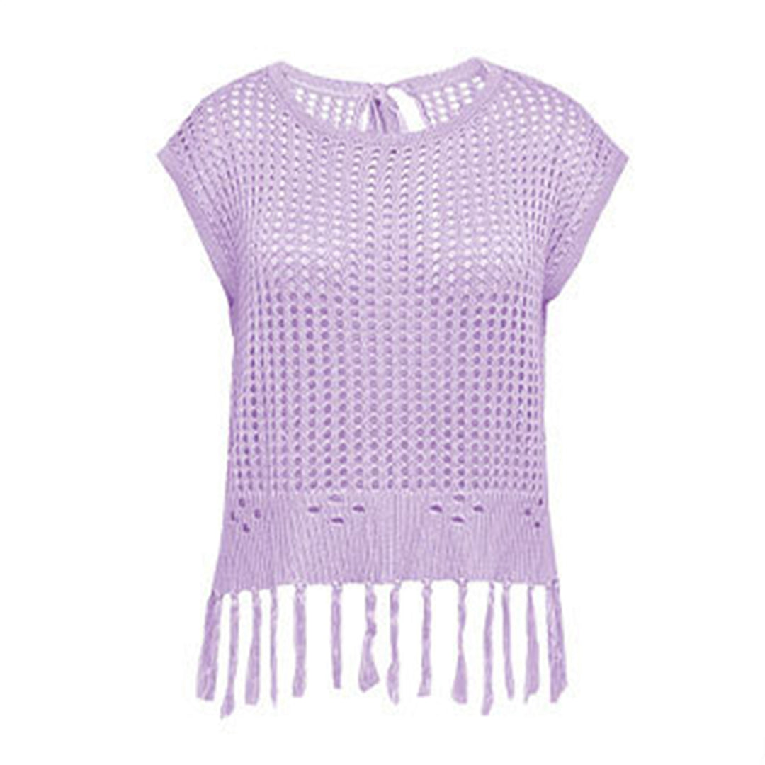 Crochet Tops for Women Tassel Hollow Out Summer Knit Top Crewneck Short Sleeve Pullover Cover Up for Travel usefulness