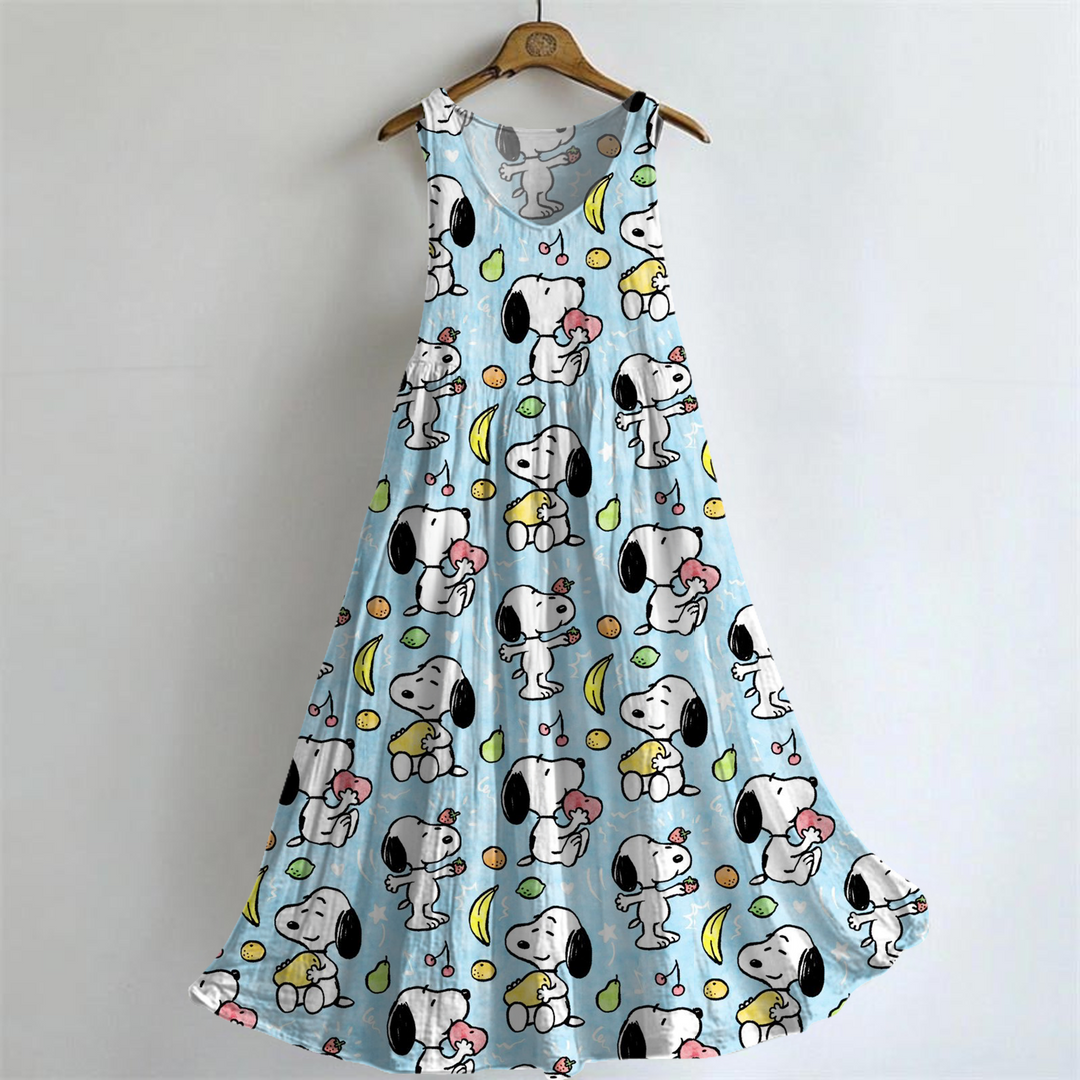 Fun Peanuts Snoopy Lover V-neck Bamboo Linen Sleeveless Dress