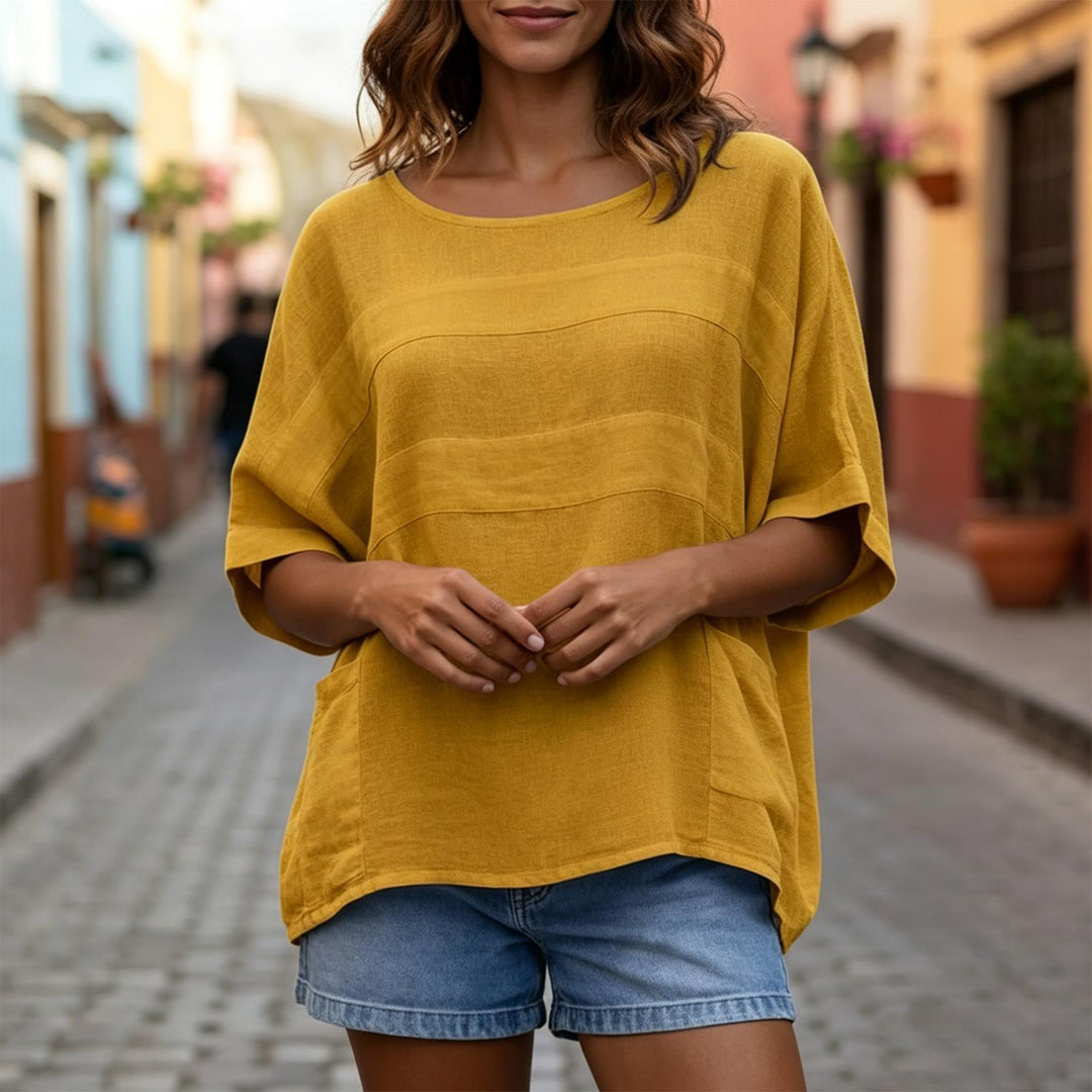 Women's Linen Shirt 3/4 Sleeve Casual Linen Tunic Blouse Crew Neck Peasant Shirts for Travel Daily Wear applied
