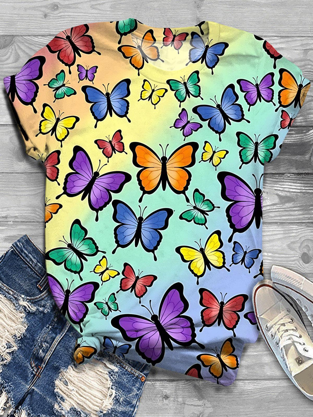Colorful Butterfly Print Women's Short Sleeve Crew Neck T-shirt