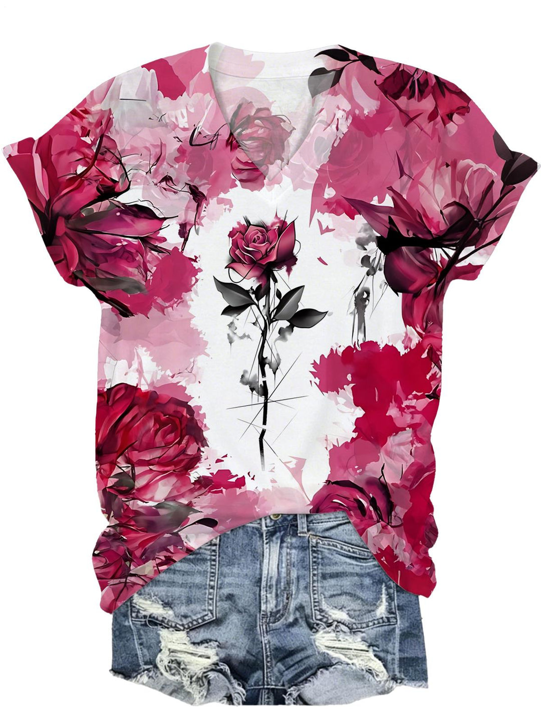 Watercolor Rose Art Print Women Short Sleeve V Neck T-Shirt