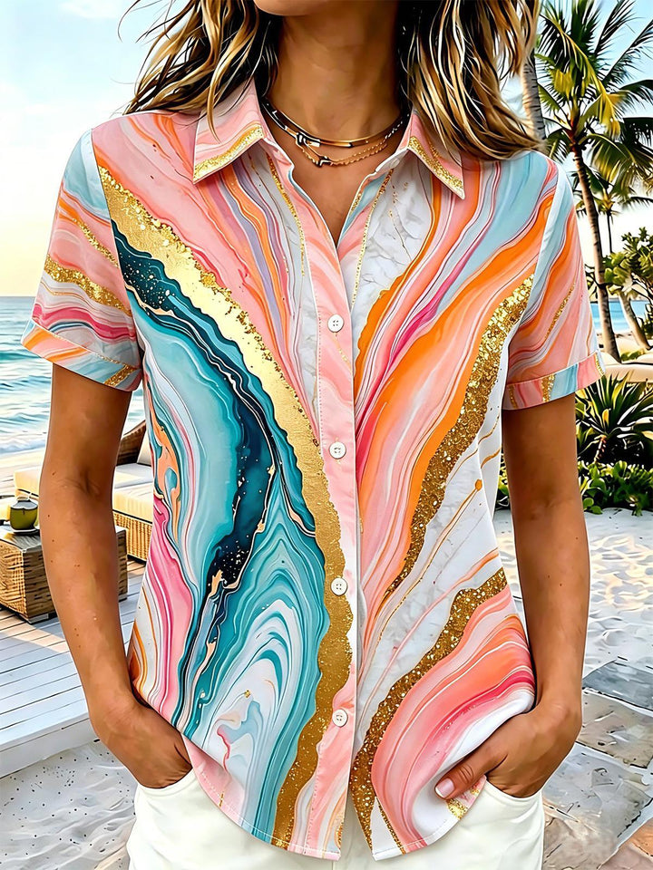 Abstract Art Gold Foil Fluid Marble Women's Short Sleeve Shirts
