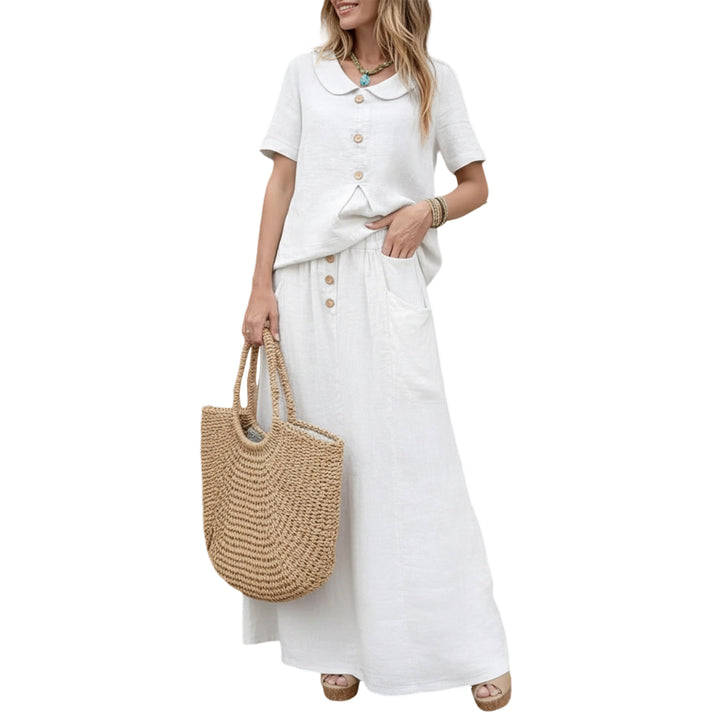 2 Piece Skirt Set Solid Cotton Two Piece Sets Short Sleeve Top and Maxi Skirt Casual Outfit for Daily Wear everywhere